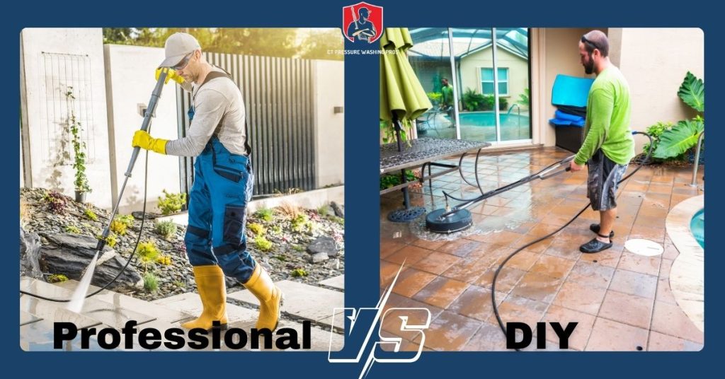 Comparison of DIY vs. Professional Power Washing, showing a professional on the left and a DIY user on the right, both cleaning outdoor surfaces.