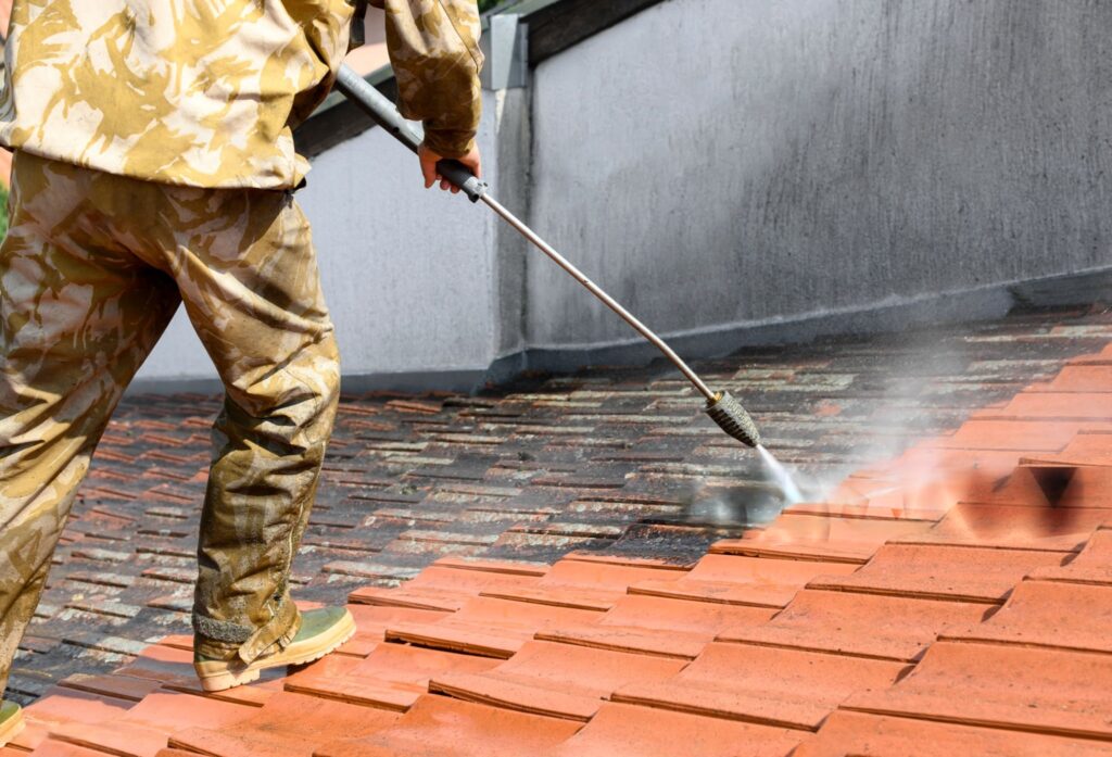 High pressure washing of rooftop